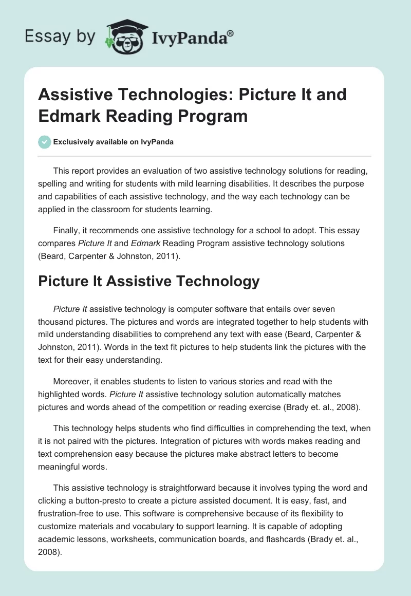 Assistive Technologies: Picture It and Edmark Reading Program. Page 1
