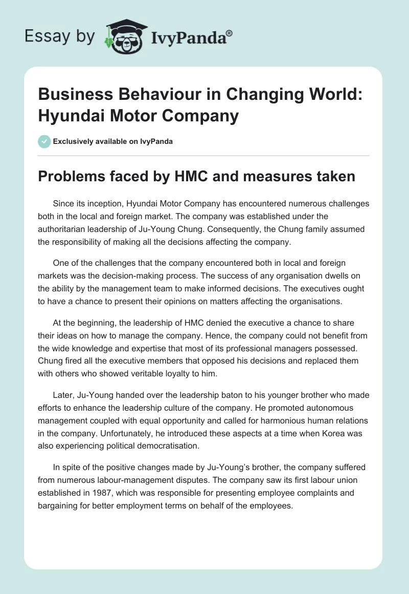 Business Behaviour in Changing World: Hyundai Motor Company. Page 1