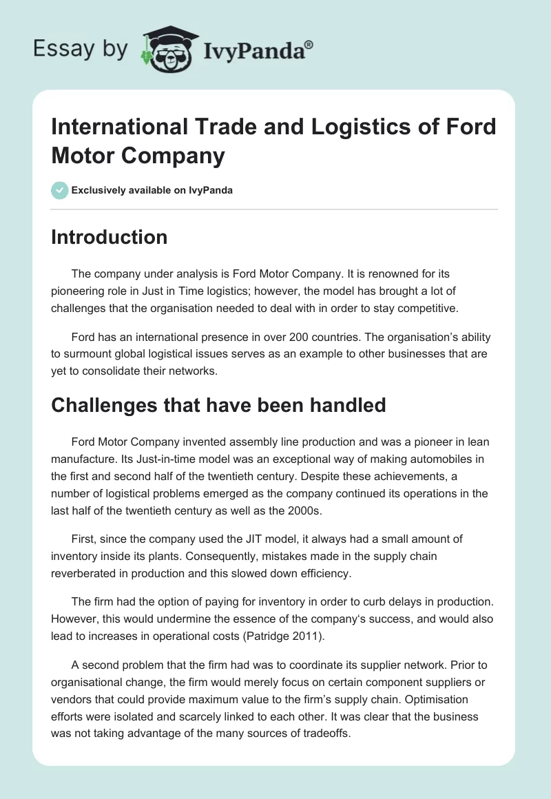 International Trade and Logistics of Ford Motor Company. Page 1