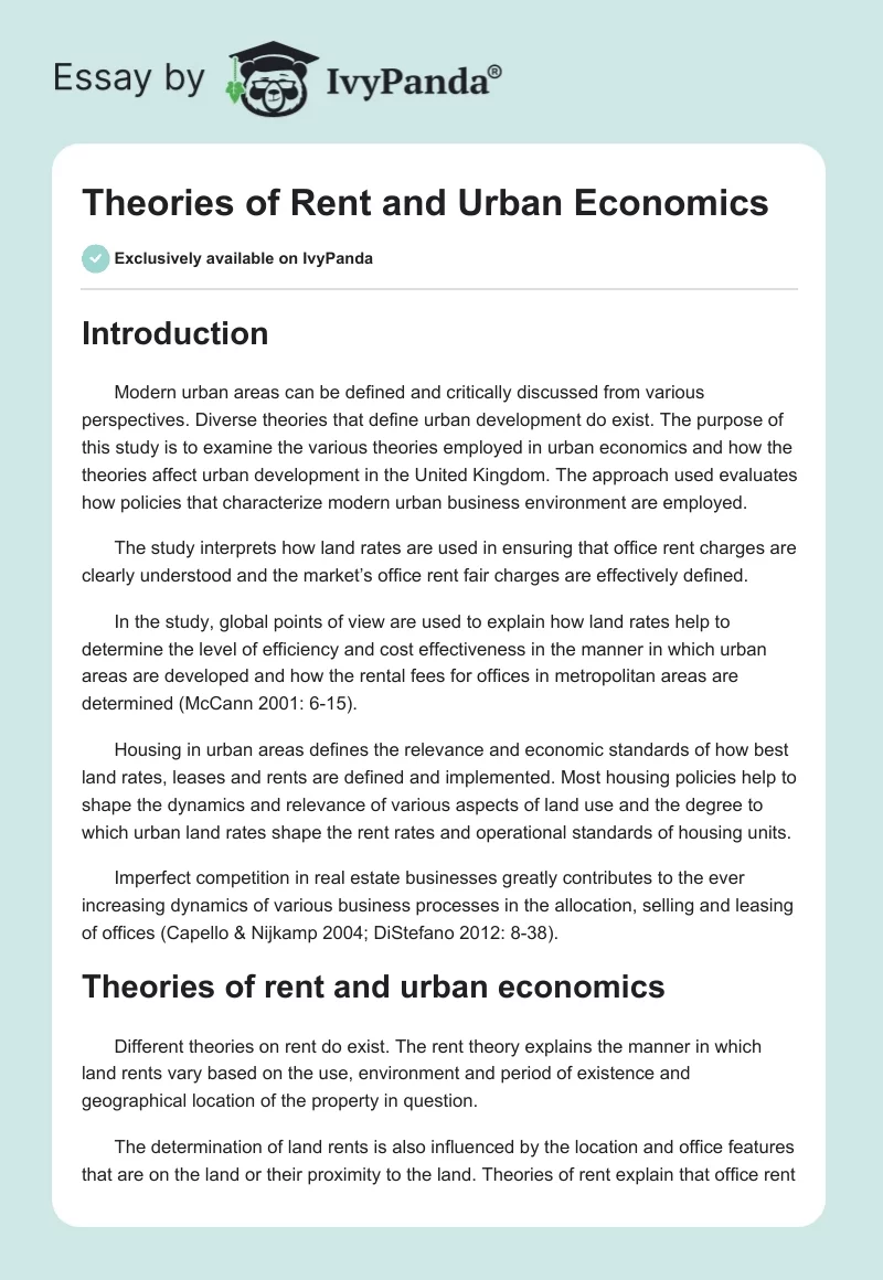 Theories of Rent and Urban Economics. Page 1