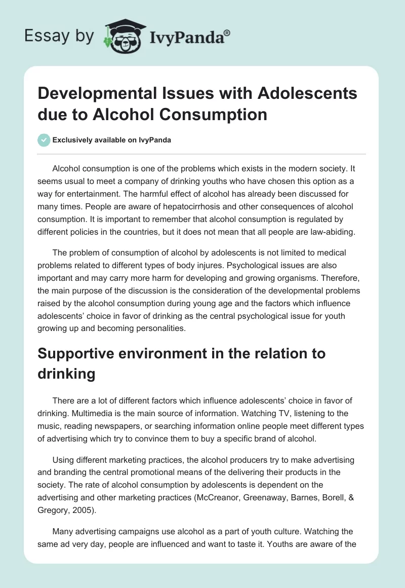 Developmental Issues With Adolescents Due to Alcohol Consumption. Page 1