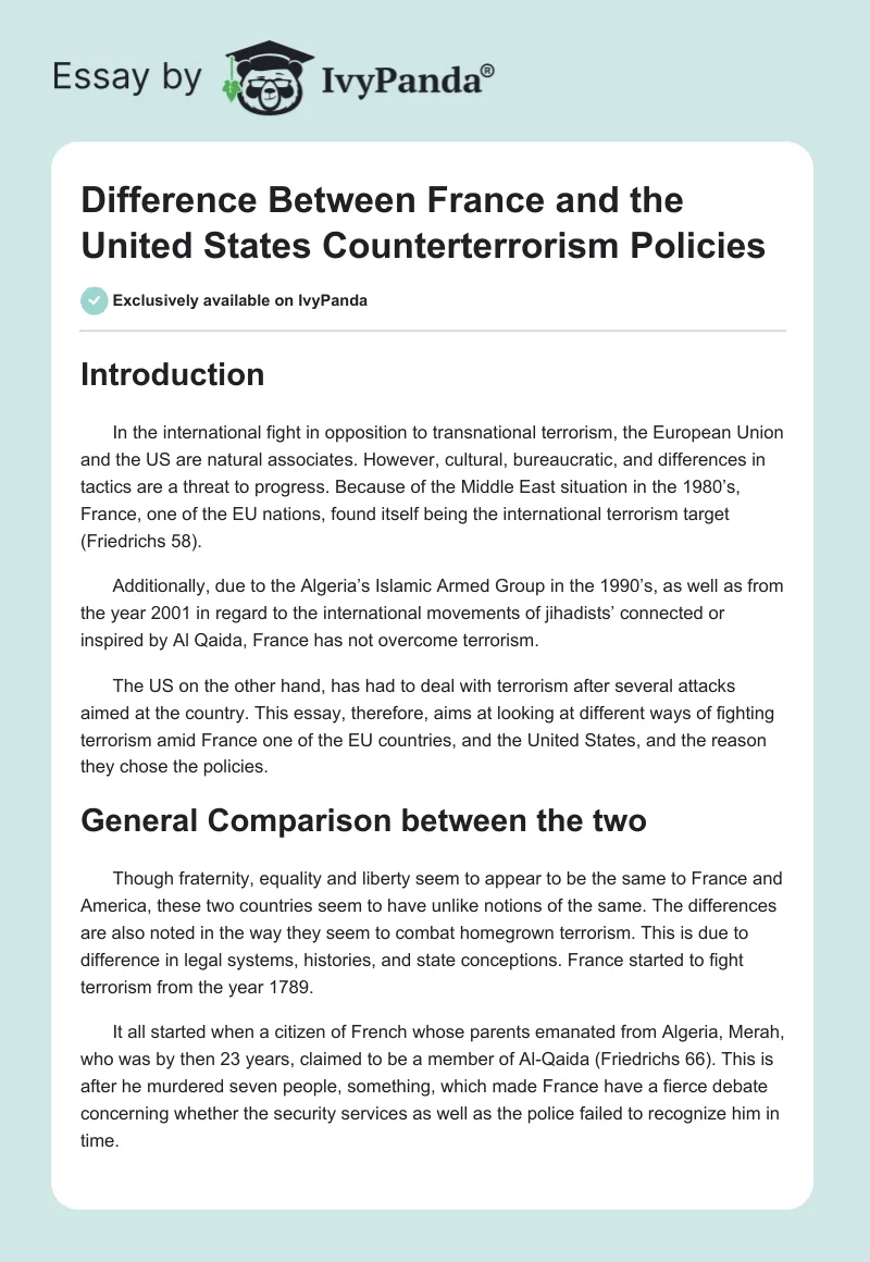 Difference Between France and the United States Counterterrorism Policies. Page 1