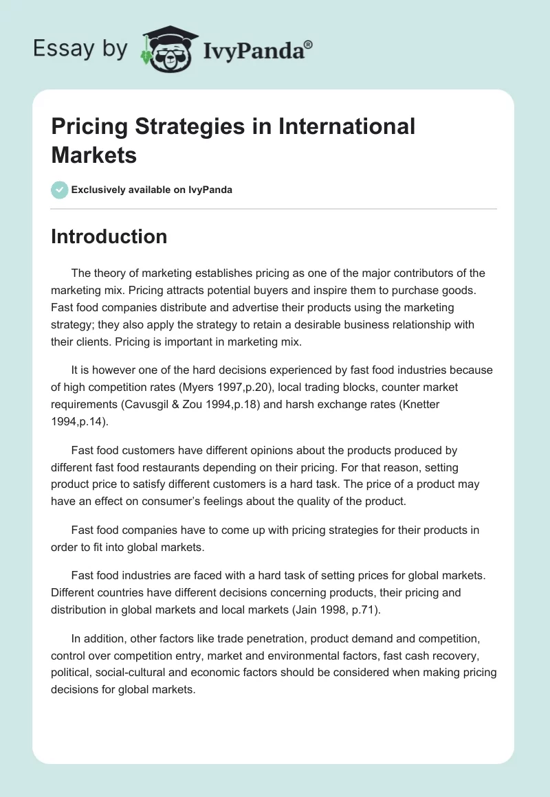 Pricing Strategies in International Markets. Page 1