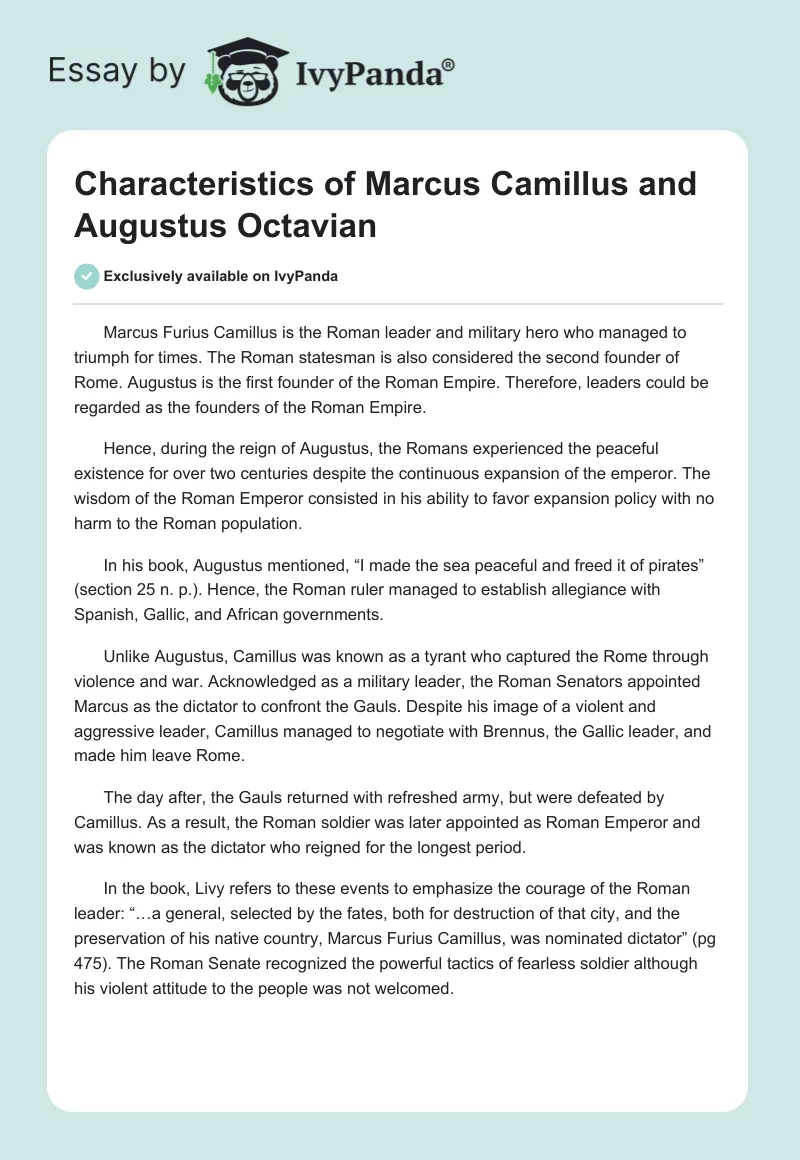 Characteristics of Marcus Camillus and Augustus Octavian. Page 1