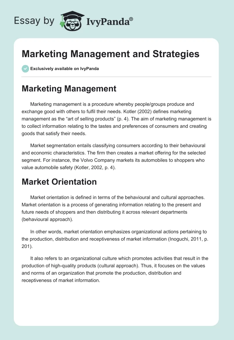 Marketing Management and Strategies. Page 1