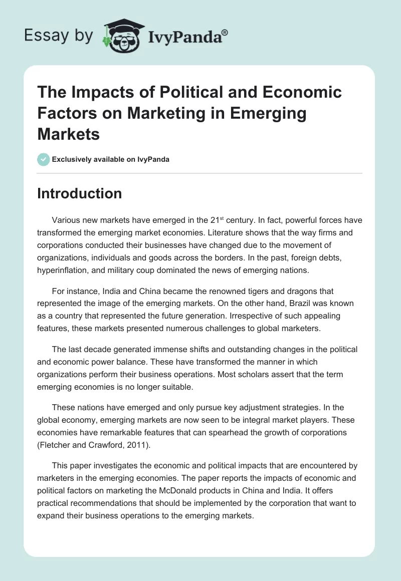 The Impacts of Political and Economic Factors on Marketing in Emerging Markets. Page 1