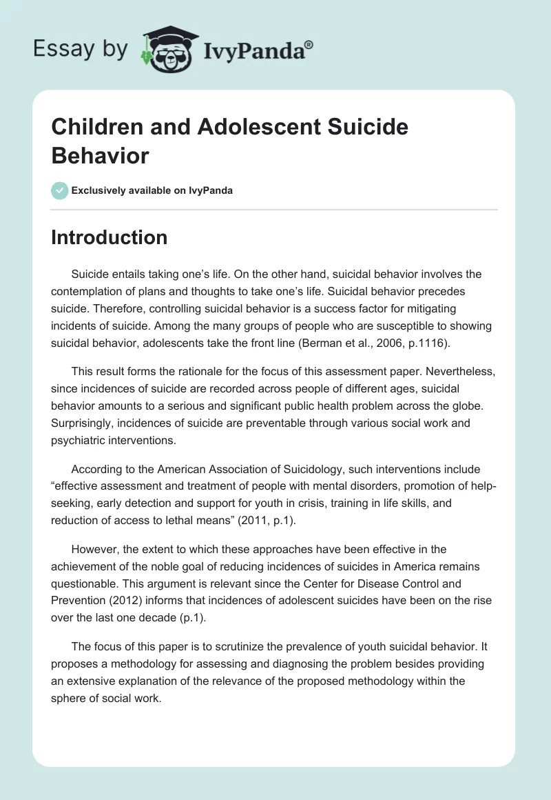 Children and Adolescent Suicide Behavior. Page 1