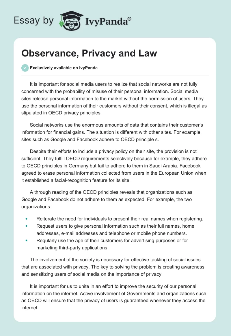 Observance, Privacy and Law. Page 1