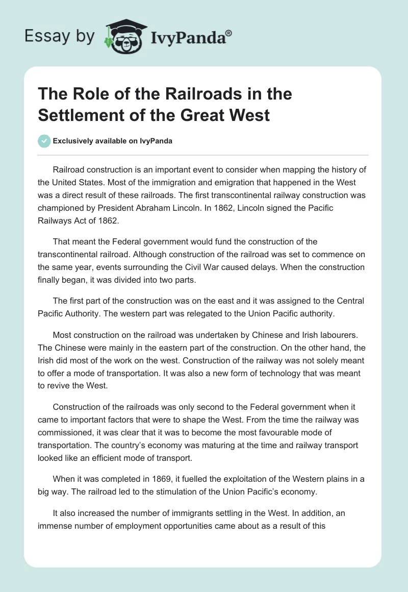 The Role of the Railroads in the Settlement of the Great West. Page 1