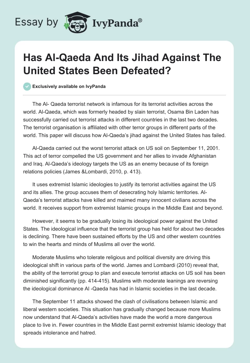 Has Al-Qaeda And Its Jihad Against The United States Been Defeated?. Page 1