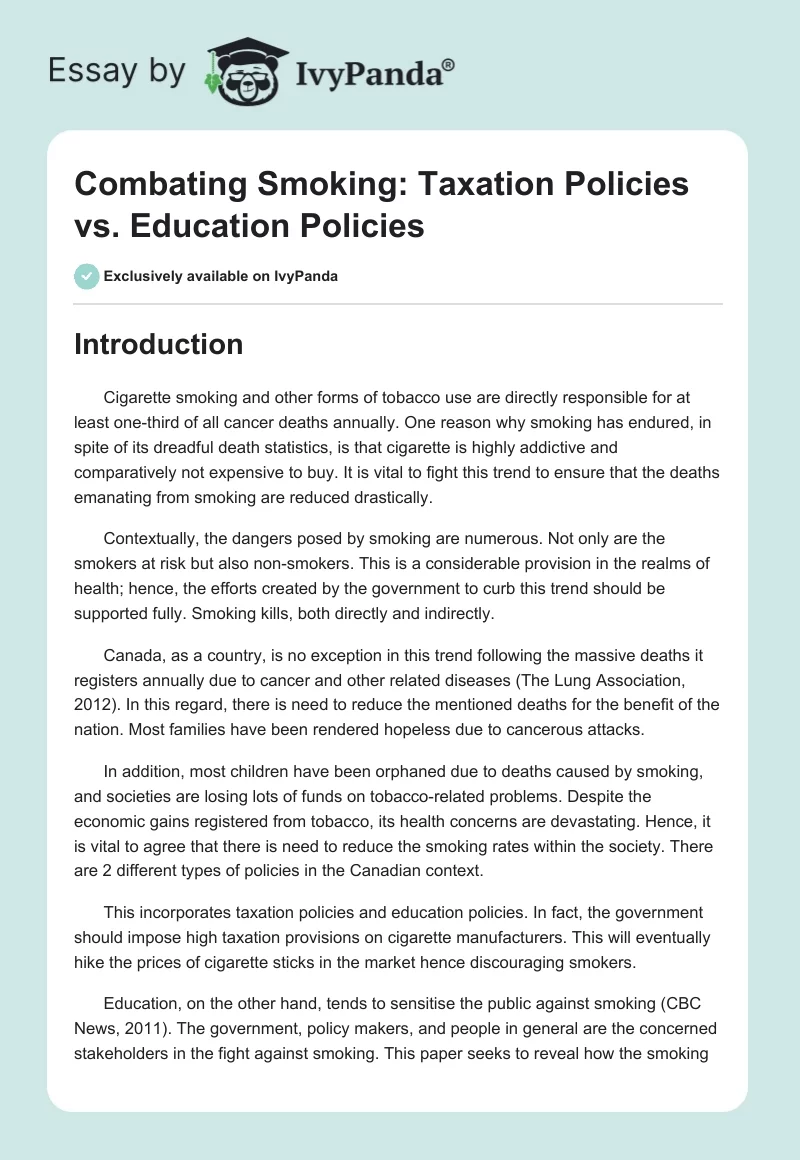 Combating Smoking: Taxation Policies vs. Education Policies. Page 1