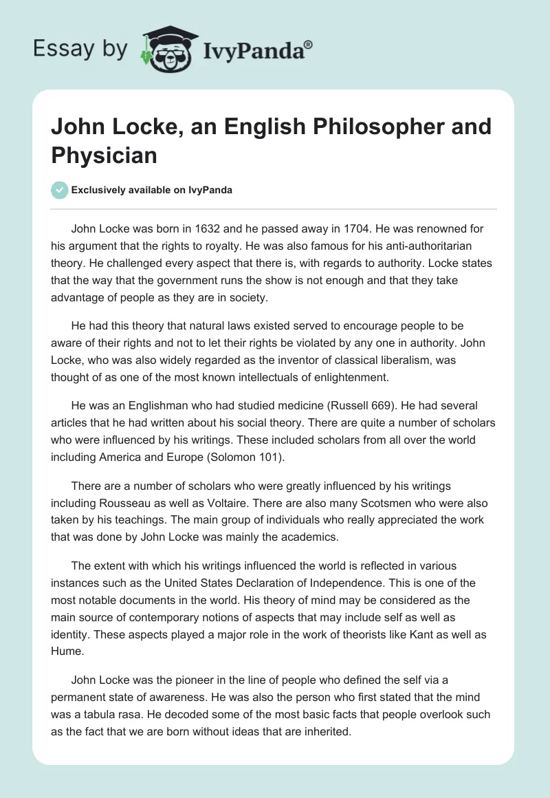 John Locke, an English Philosopher and Physician. Page 1