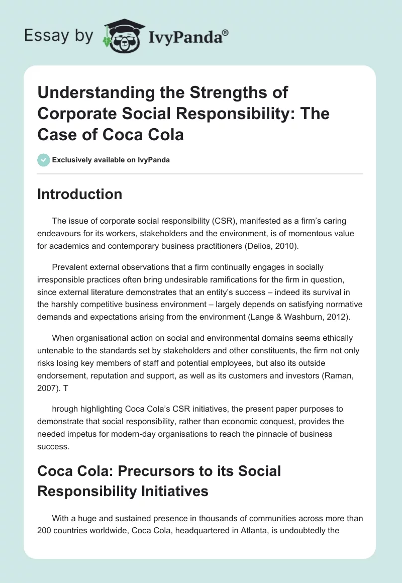 Understanding the Strengths of Corporate Social Responsibility: The Case of Coca Cola. Page 1