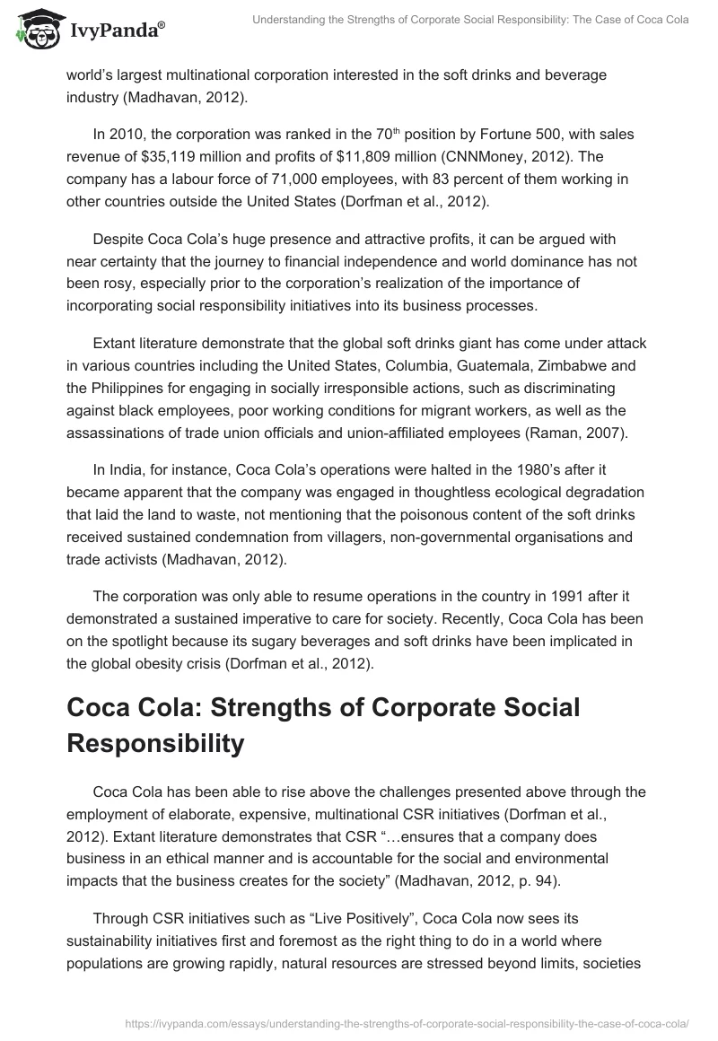 Understanding the Strengths of Corporate Social Responsibility: The Case of Coca Cola. Page 2