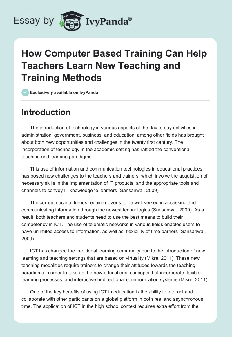 How Computer Based Training Can Help Teachers Learn New Teaching and Training Methods. Page 1