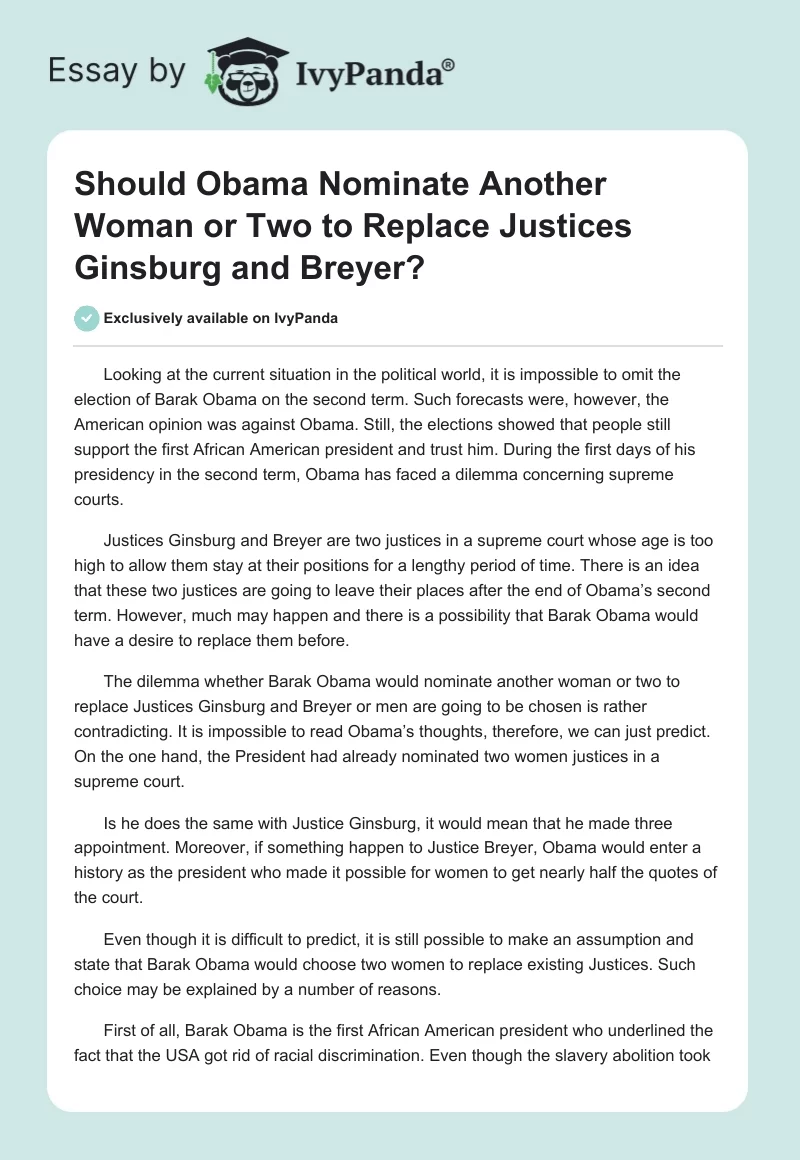 Should Obama Nominate Another Woman or Two to Replace Justices Ginsburg and Breyer?. Page 1