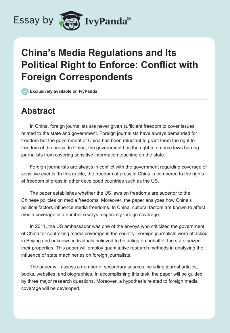 China’s Media Regulations and Its Political Right to Enforce: Conflict With Foreign Correspondents. Page 1