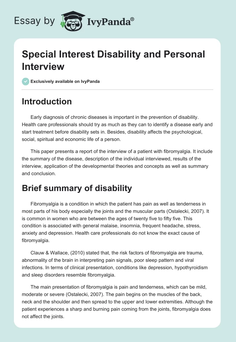 Special Interest Disability and Personal Interview. Page 1
