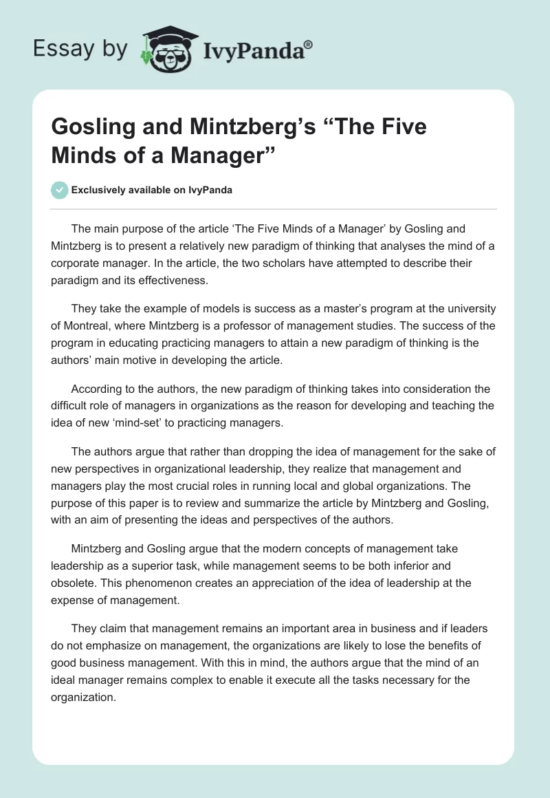 Gosling and Mintzberg’s “The Five Minds of a Manager”. Page 1