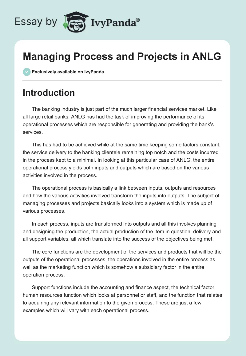 Managing Process and Projects in ANLG. Page 1