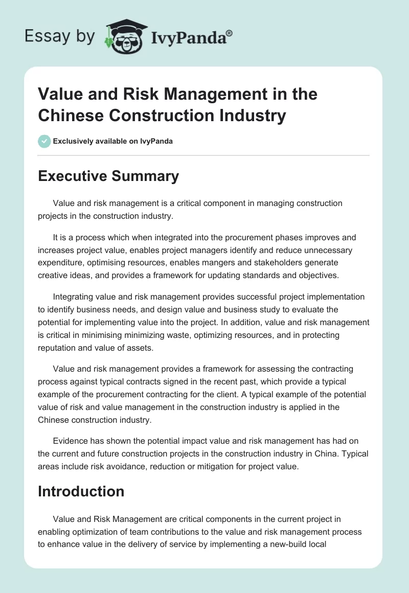 Value and Risk Management in the Chinese Construction Industry. Page 1