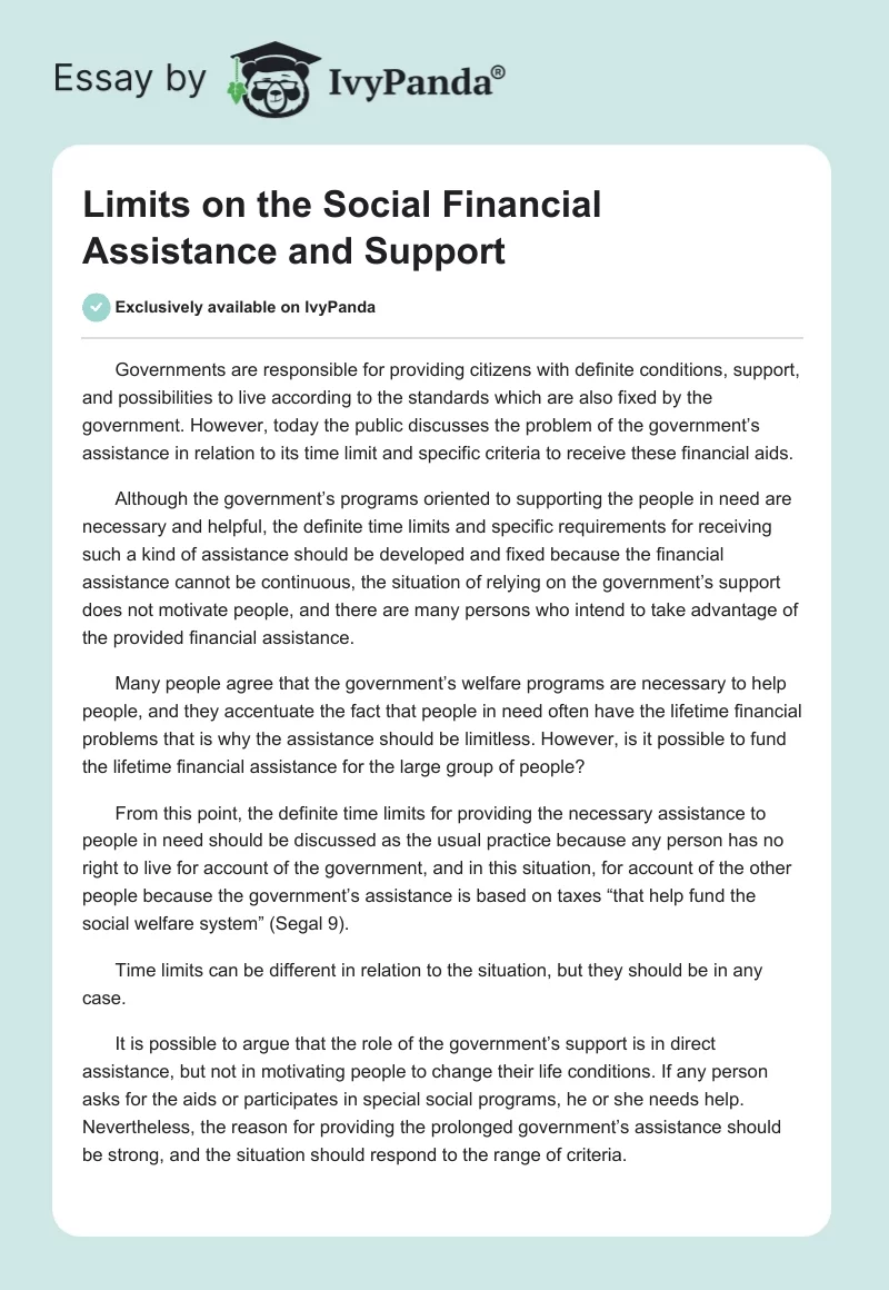 Limits on the Social Financial Assistance and Support. Page 1