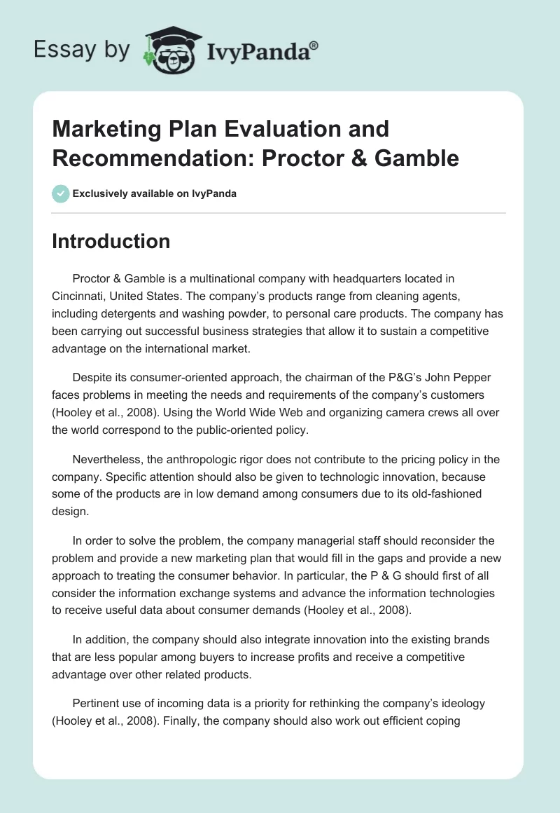 Marketing Plan Evaluation and Recommendation: Proctor & Gamble. Page 1