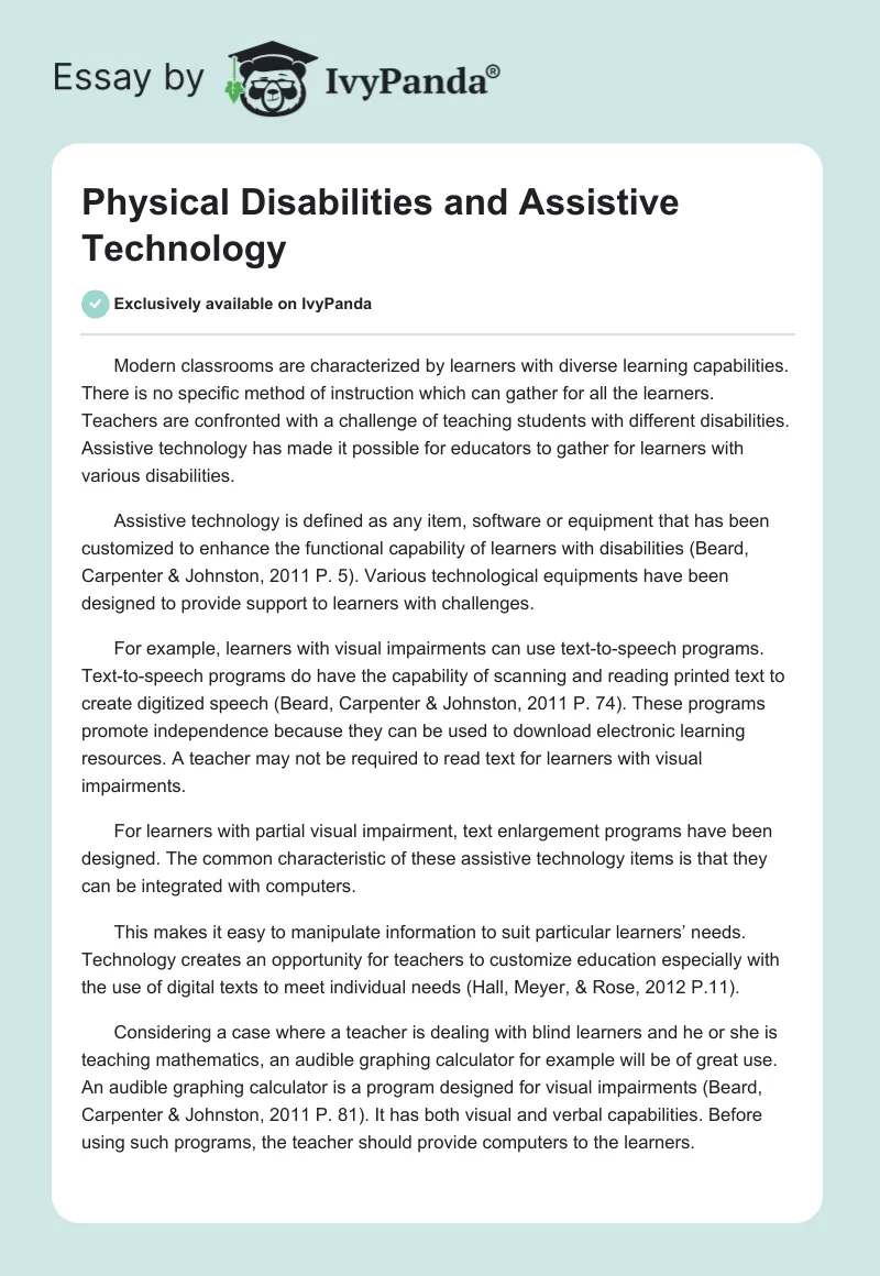 Physical Disabilities and Assistive Technology. Page 1