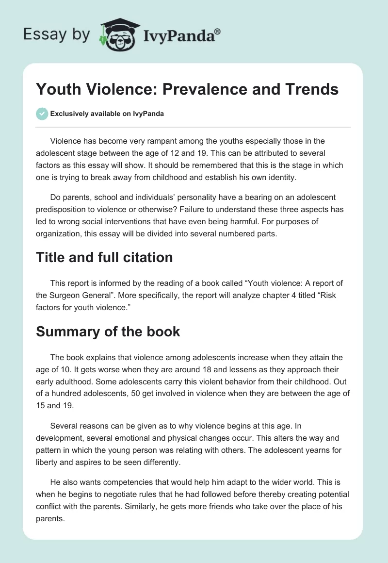 Youth Violence: Prevalence and Trends. Page 1