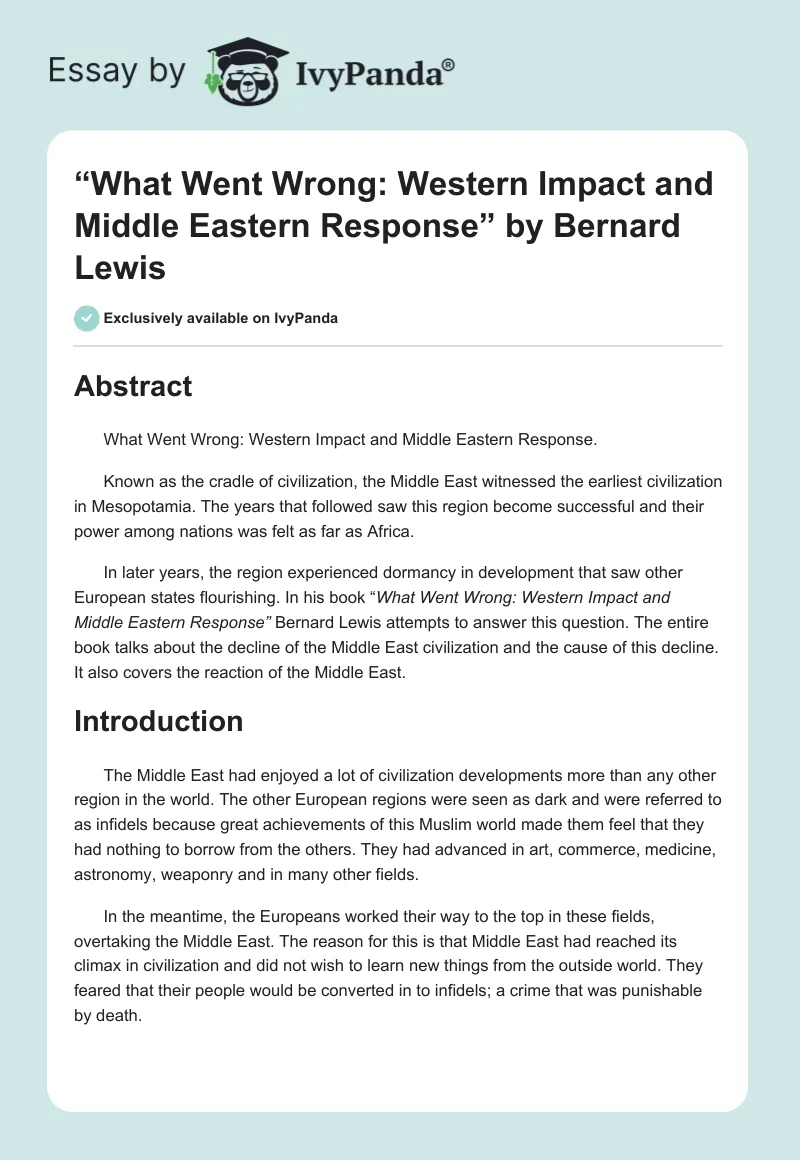 “What Went Wrong: Western Impact and Middle Eastern Response” by Bernard Lewis. Page 1