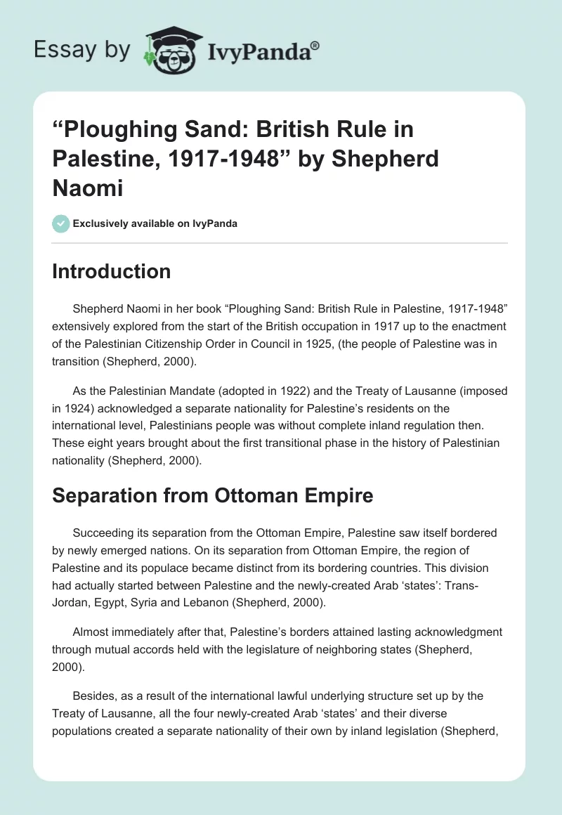 “Ploughing Sand: British Rule in Palestine, 1917-1948” by Shepherd Naomi. Page 1