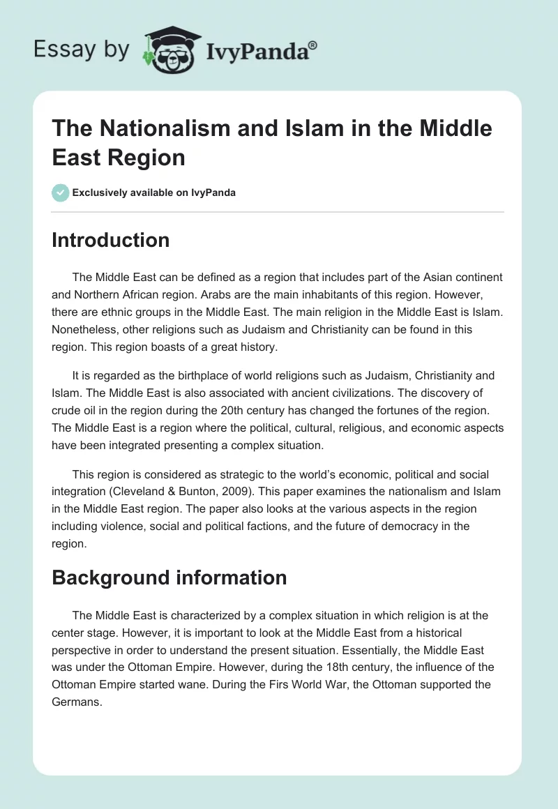 The Nationalism and Islam in the Middle East Region. Page 1