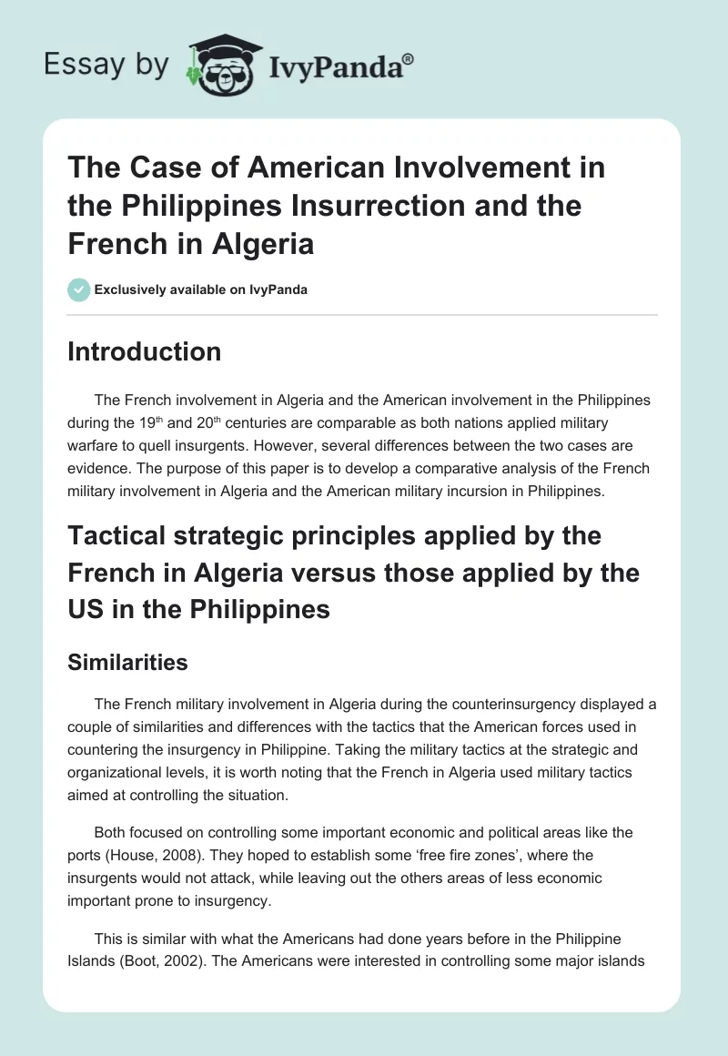 The Case of American Involvement in the Philippines Insurrection and the French in Algeria. Page 1