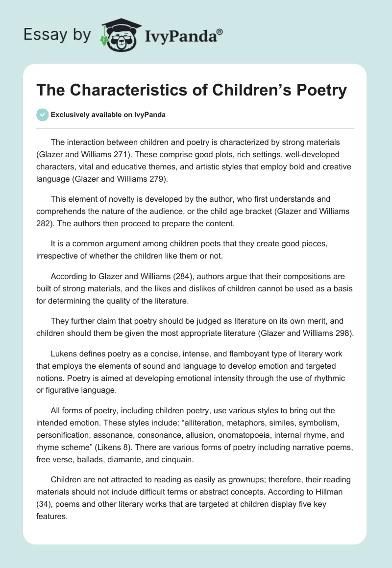 The Characteristics of Children’s Poetry. Page 1