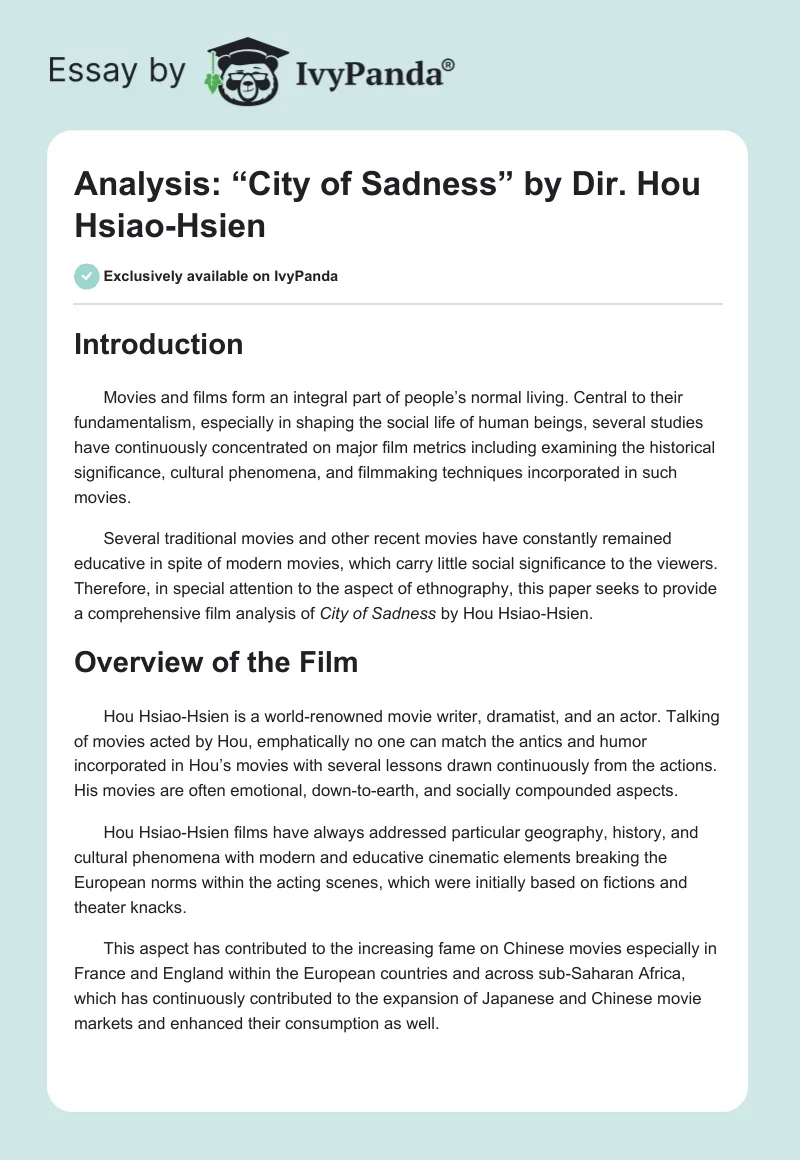 Analysis: “City of Sadness” by Dir. Hou Hsiao-Hsien. Page 1