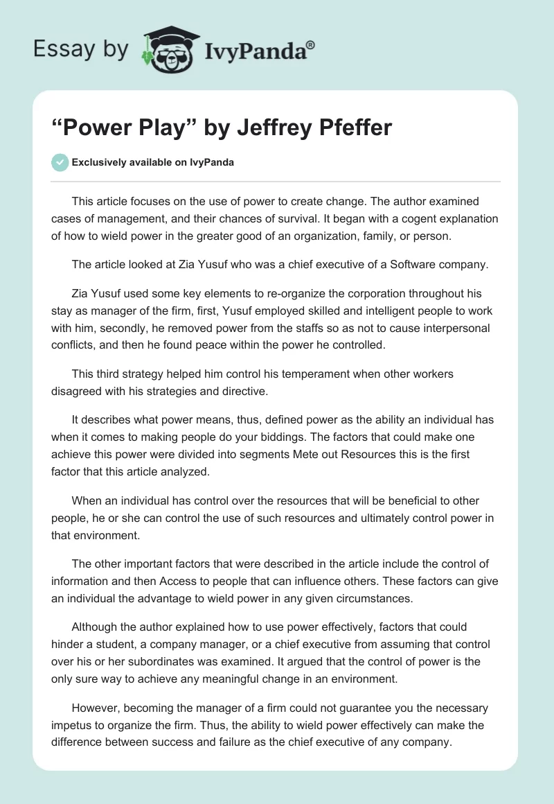 “Power Play” by Jeffrey Pfeffer. Page 1
