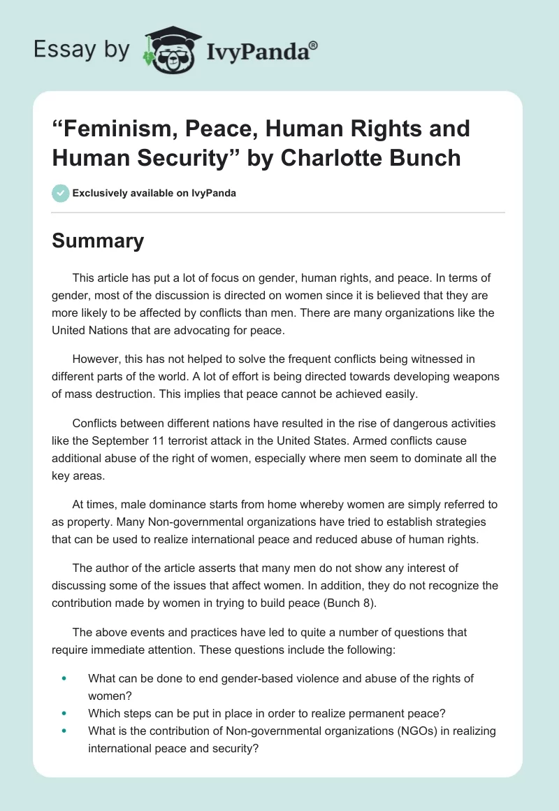 “Feminism, Peace, Human Rights and Human Security” by Charlotte Bunch. Page 1