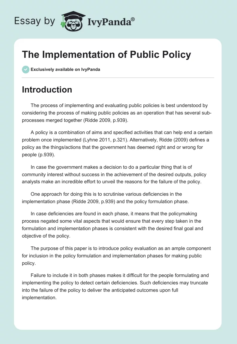 The Implementation of Public Policy. Page 1