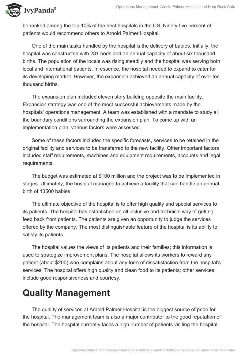 Operations Management: Arnold Palmer Hospital and Hard Rock Cafe. Page 4
