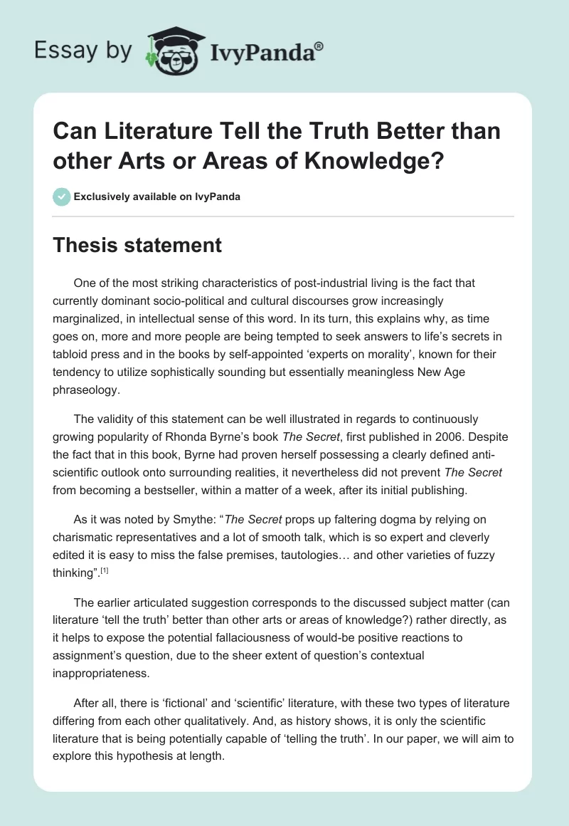 Can Literature "Tell the Truth" Better than other Arts or Areas of Knowledge?. Page 1