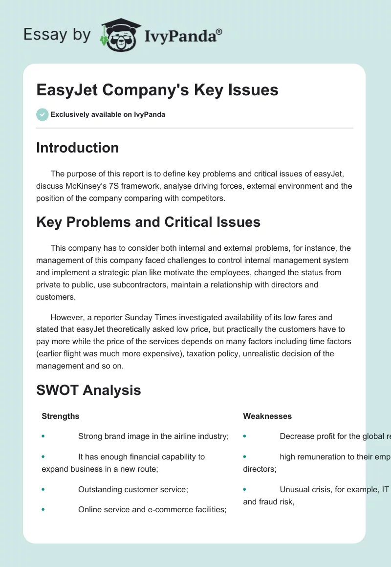 EasyJet Company's Key Issues. Page 1