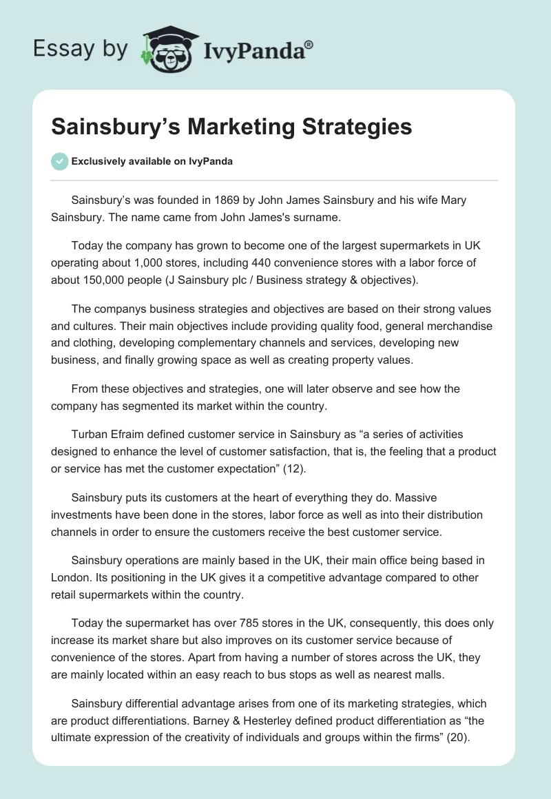 Sainsbury’s Marketing Strategies. Page 1