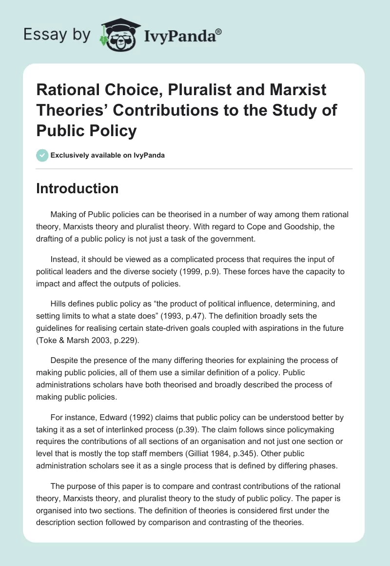 Rational Choice, Pluralist and Marxist Theories’ Contributions to the Study of Public Policy. Page 1