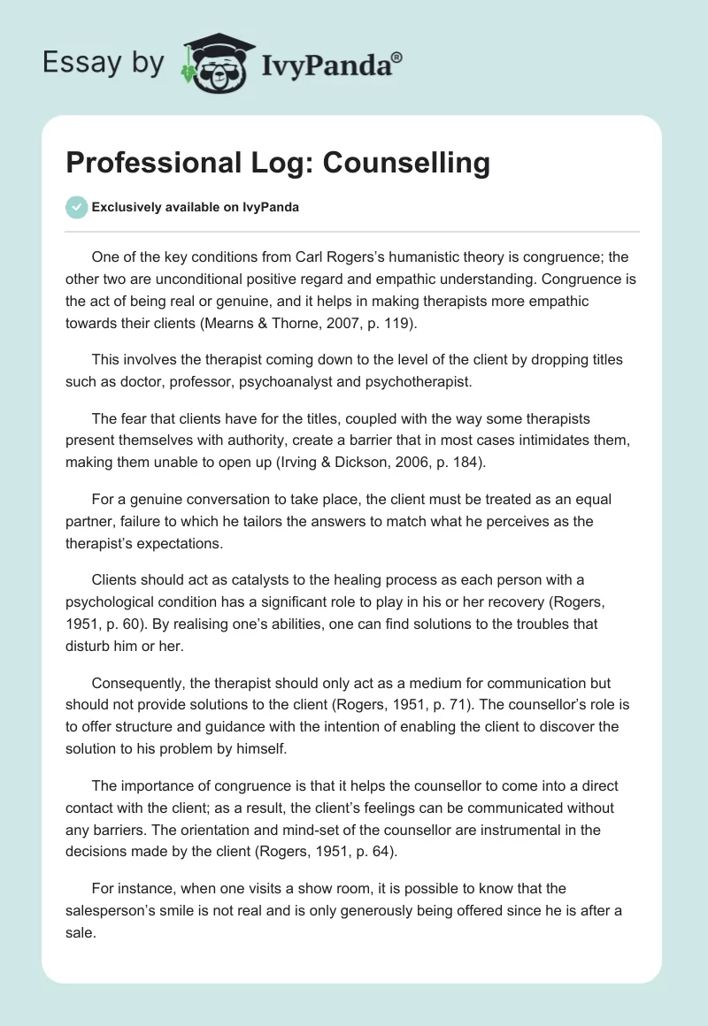 Professional Log: Counselling. Page 1