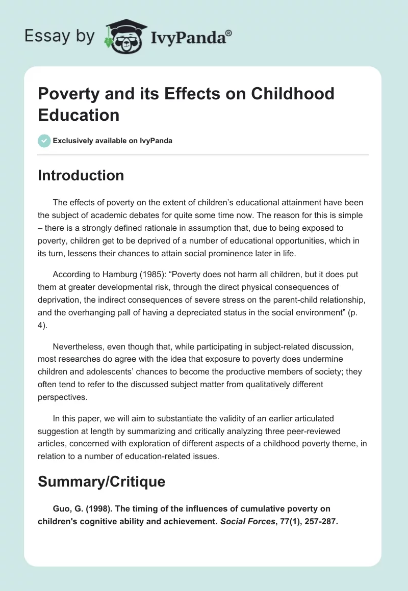 Poverty and Its Effects on Childhood Education. Page 1