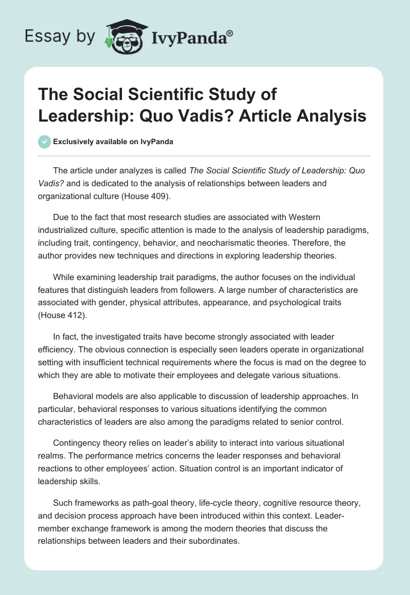 The Social Scientific Study of Leadership: Quo Vadis? Article Analysis. Page 1