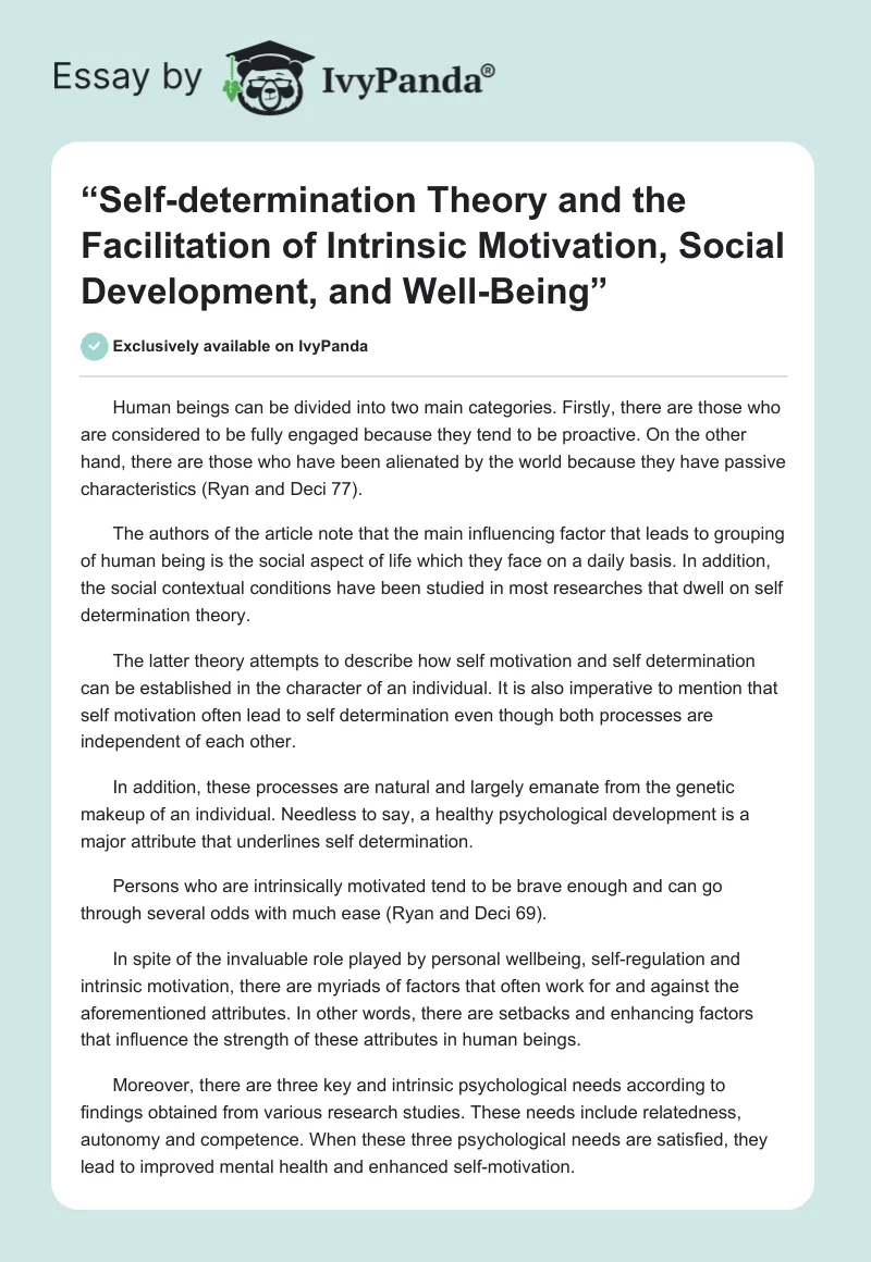 “Self-Determination Theory and the Facilitation of Intrinsic Motivation, Social Development, and Well-Being”. Page 1