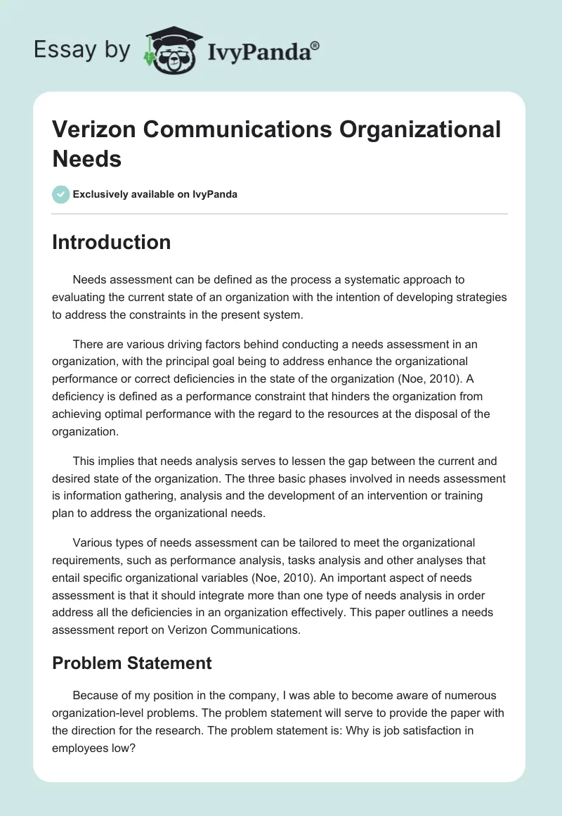 Verizon Communications Organizational Needs. Page 1