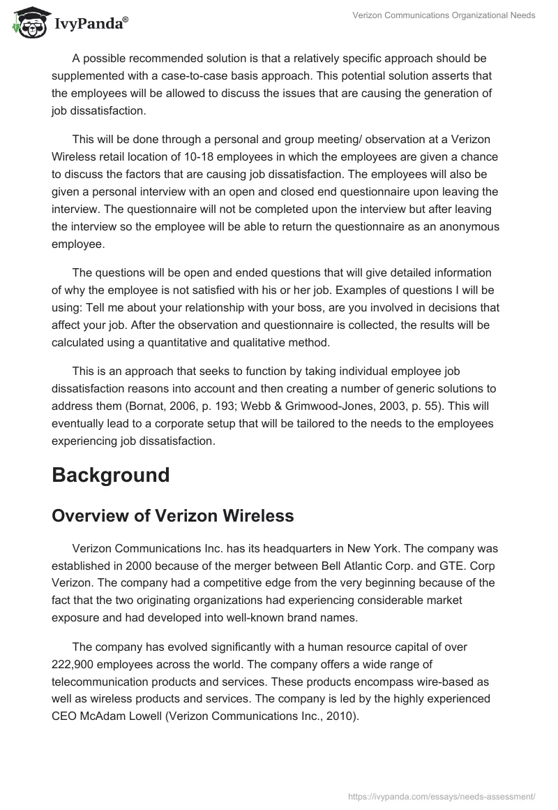 Verizon Communications Organizational Needs. Page 2