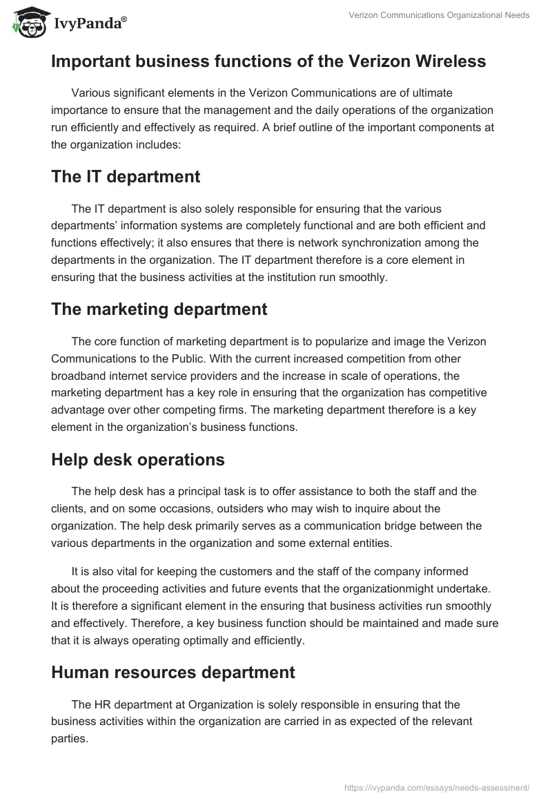 Verizon Communications Organizational Needs. Page 3